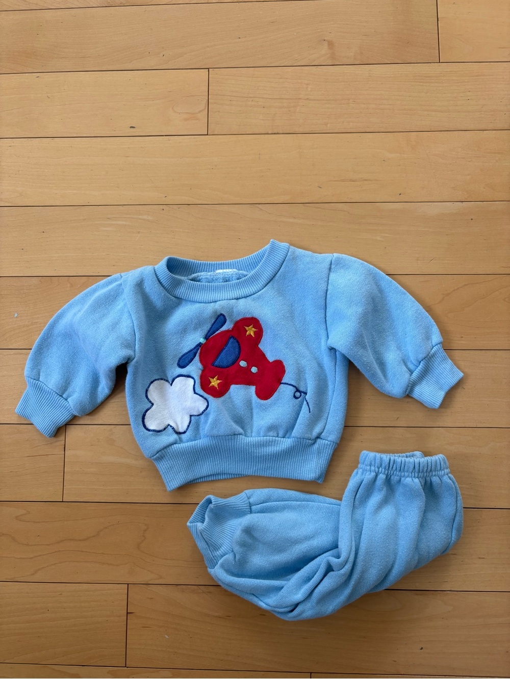 Vintage Light Blue Baby Sweatshirt and Pants Set with Airplane